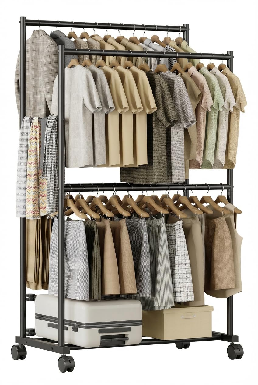 Tujurich clothes rack front view showing stable, spacious hanging area