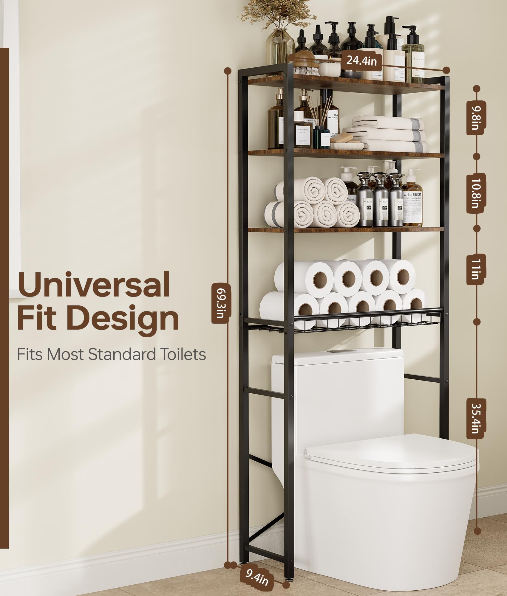 Tujurich open shelves display towels, plants, and essentials