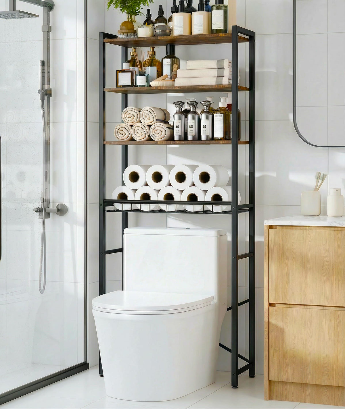 Tujurich over-the-toilet rack with wood shelves maximizing space in small bathrooms