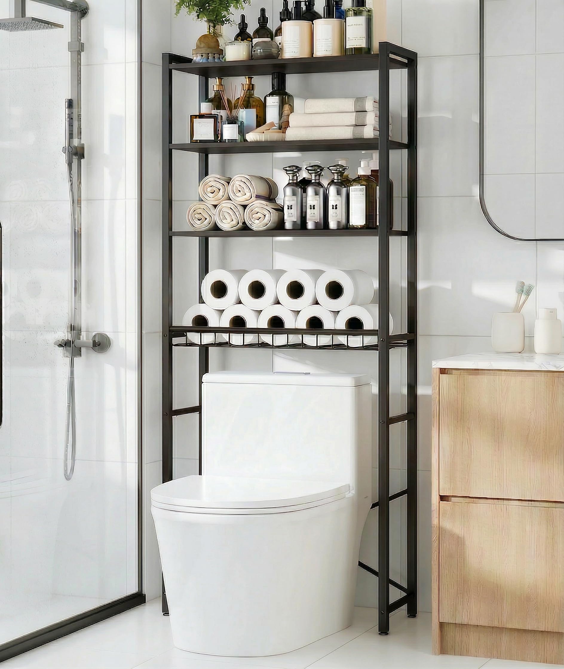 Tujurich over-toilet rack with black finish and wood shelves keeps towels neatly organized.