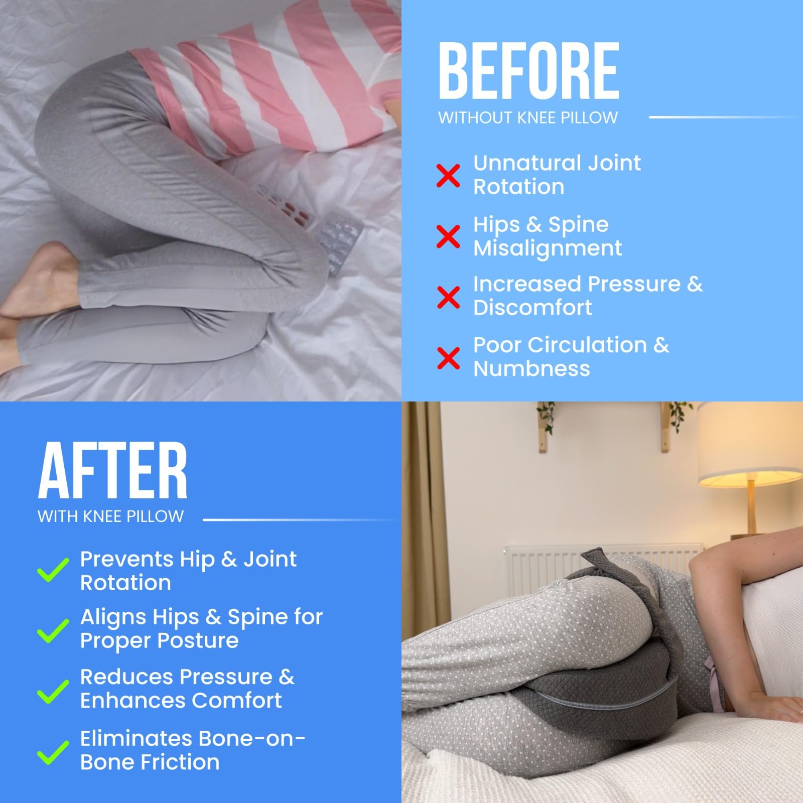 TULARIS between legs pillow provides potential sciatica and hip comfort during sleep.