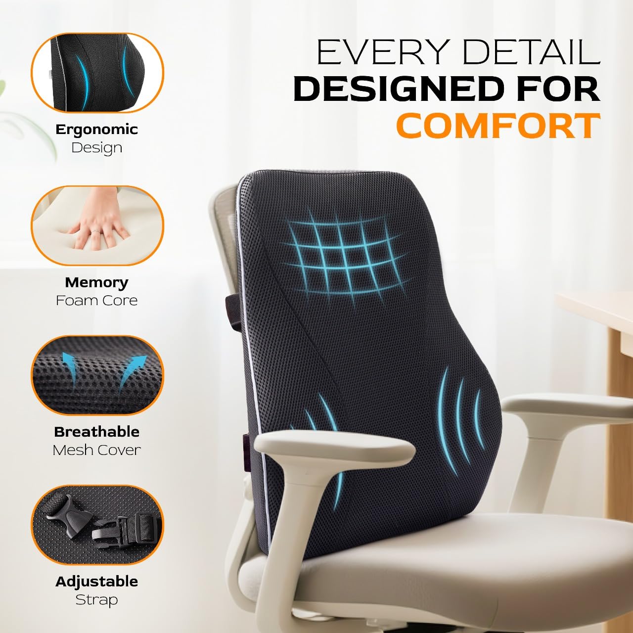 TULARIS using the lumbar pillow in a car seat on a commute