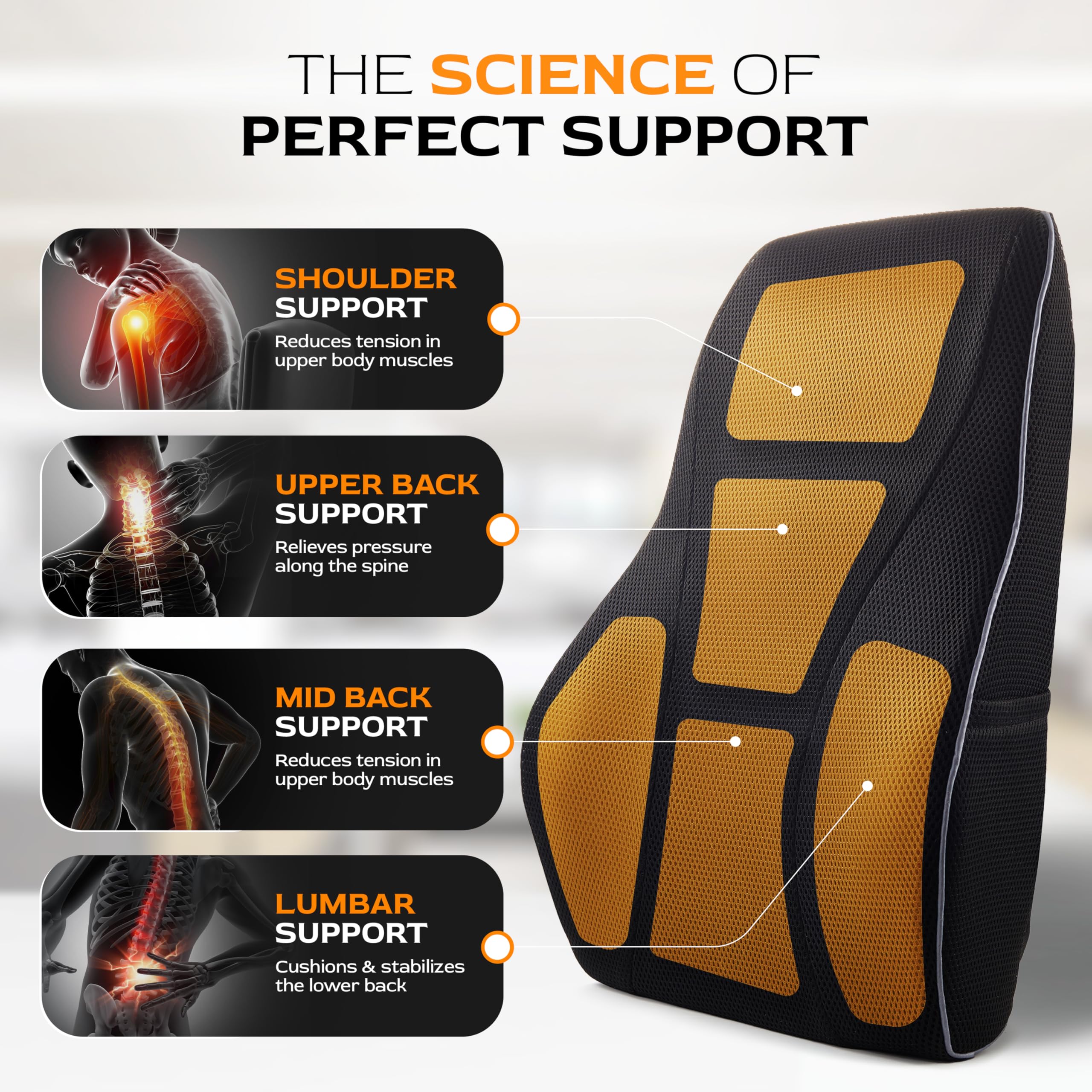 TULARIS dual adjustable straps securing the lumbar pillow to a chair