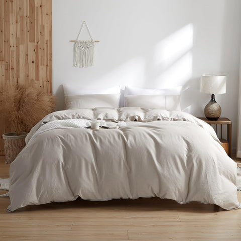 TUMEI linen pillow case queen bed scene showcases a natural, relaxed farmhouse style.