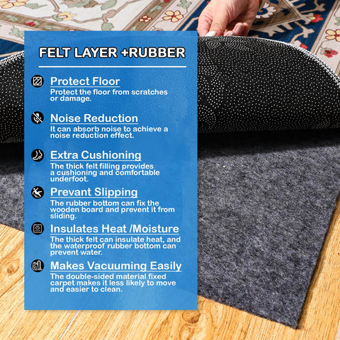 TUOTPE extra-large rug pad with felt top protects rugs from curling.