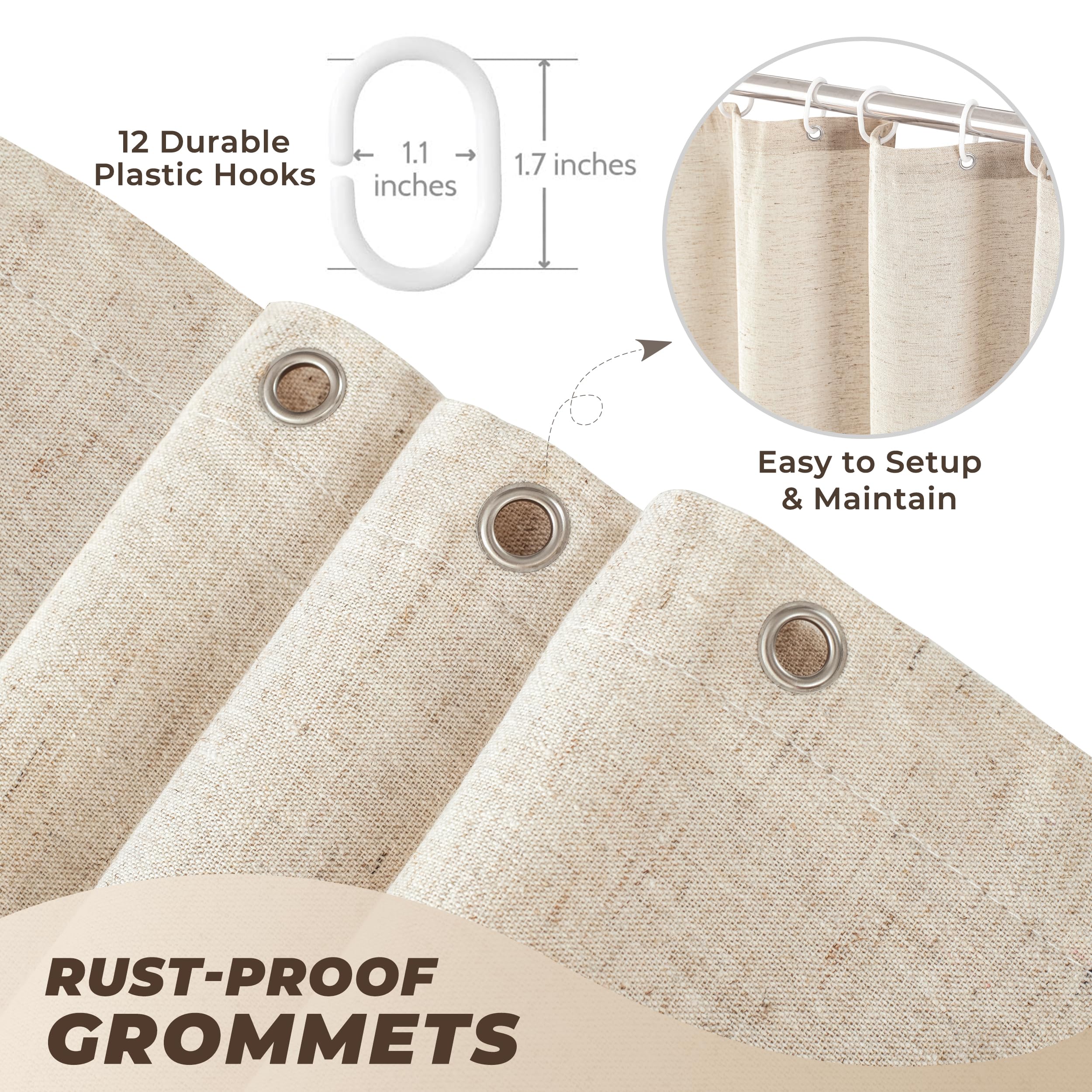 Turkio privacy-enhancing linen shower curtain with thick drape blocks light.