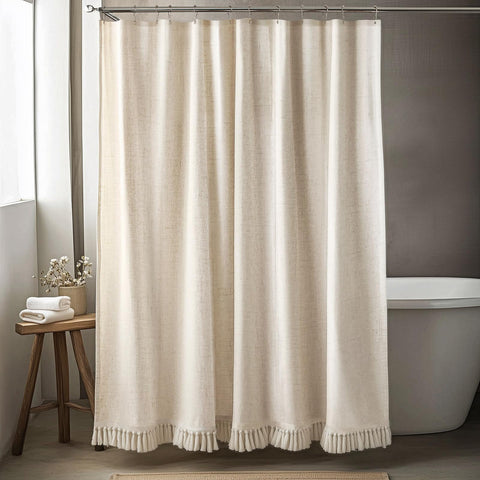 Turkio linen shower curtain with tassels in beige, soft texture for a cozy bathroom.