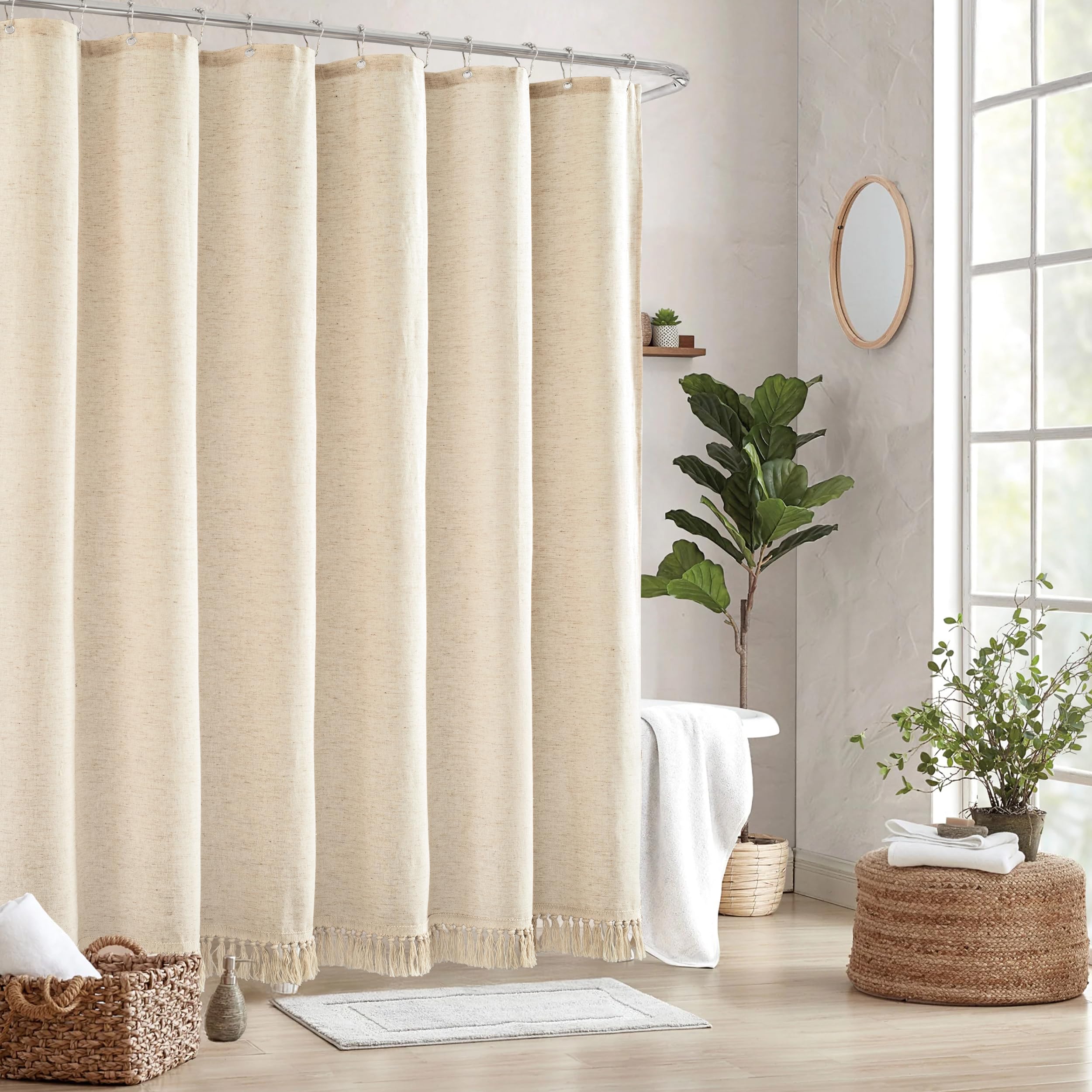 TURKIO natural beige fabric shower curtain closeup highlighting linen-look texture.