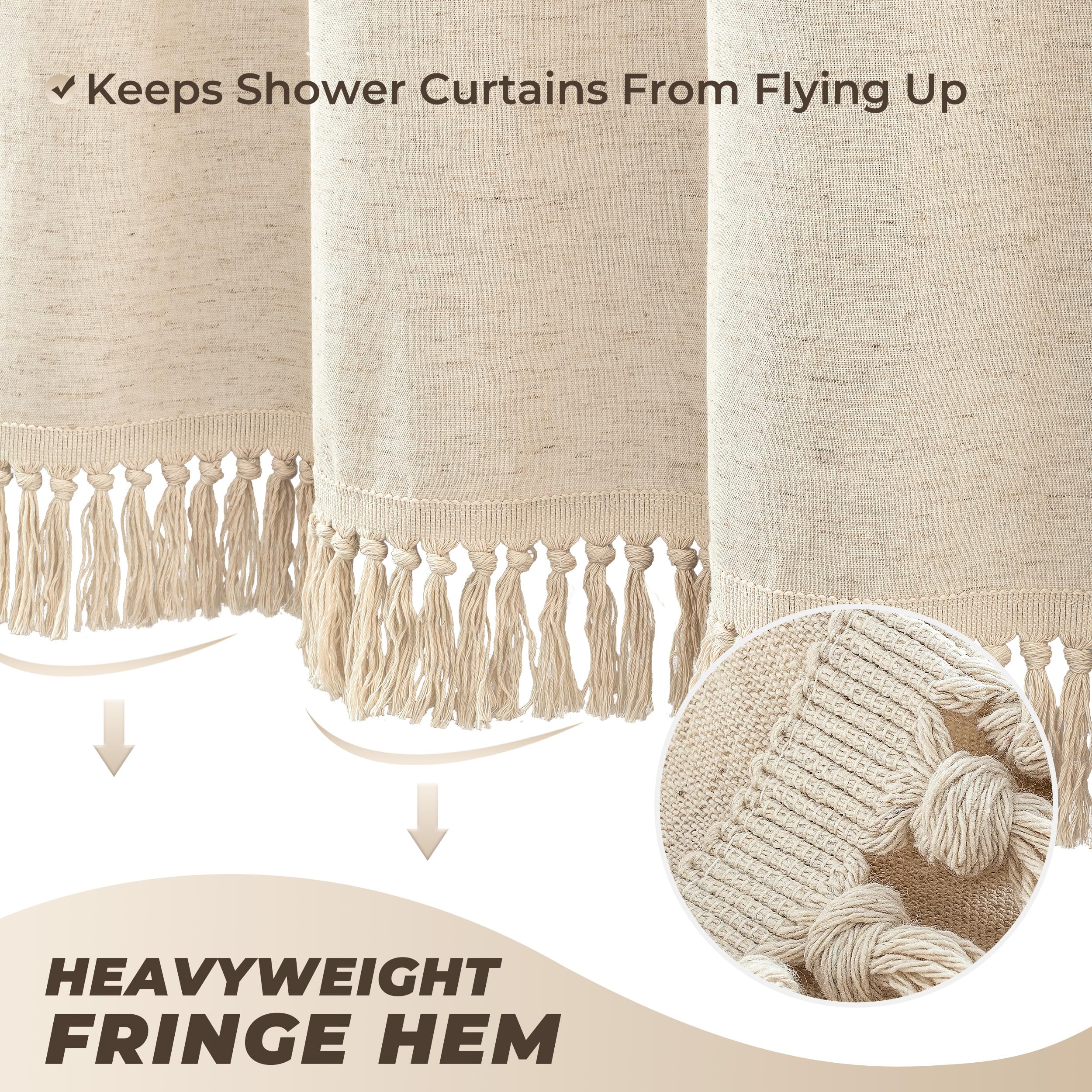 Turkio neutral shower curtain drapes evenly for a tidy, elegant bathroom look.