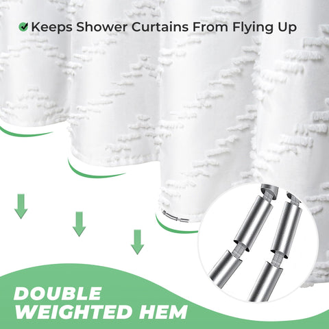 Turkio white fabric shower curtain header top reinforced with 12 holes for durability.