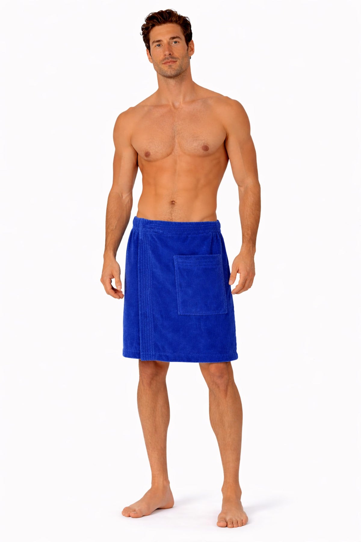 Turkish Linen body wrap royal blue front view, plush terry velour exterior.
