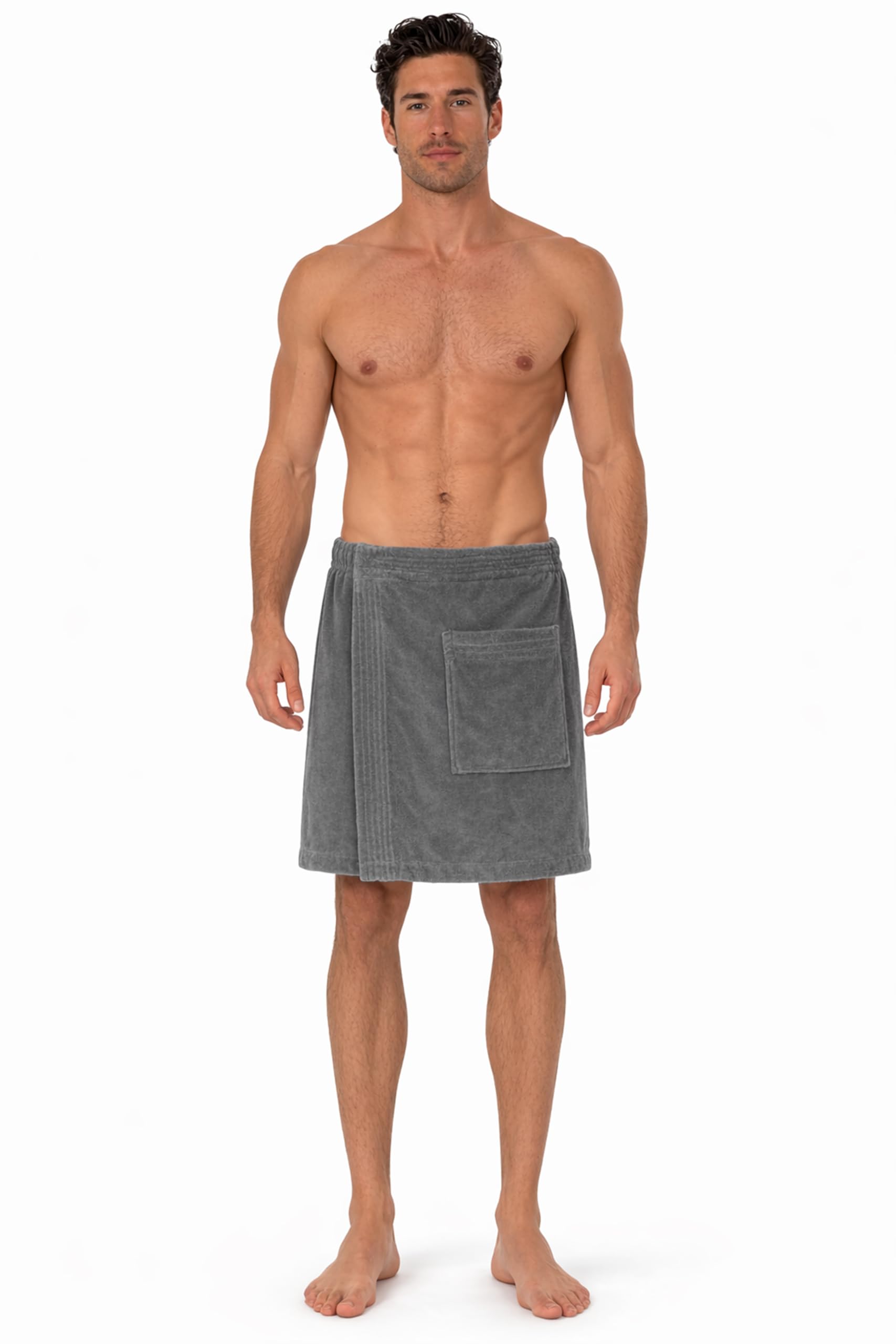 Turkish Linen gray body wrap front view showing plush terry velour and fit