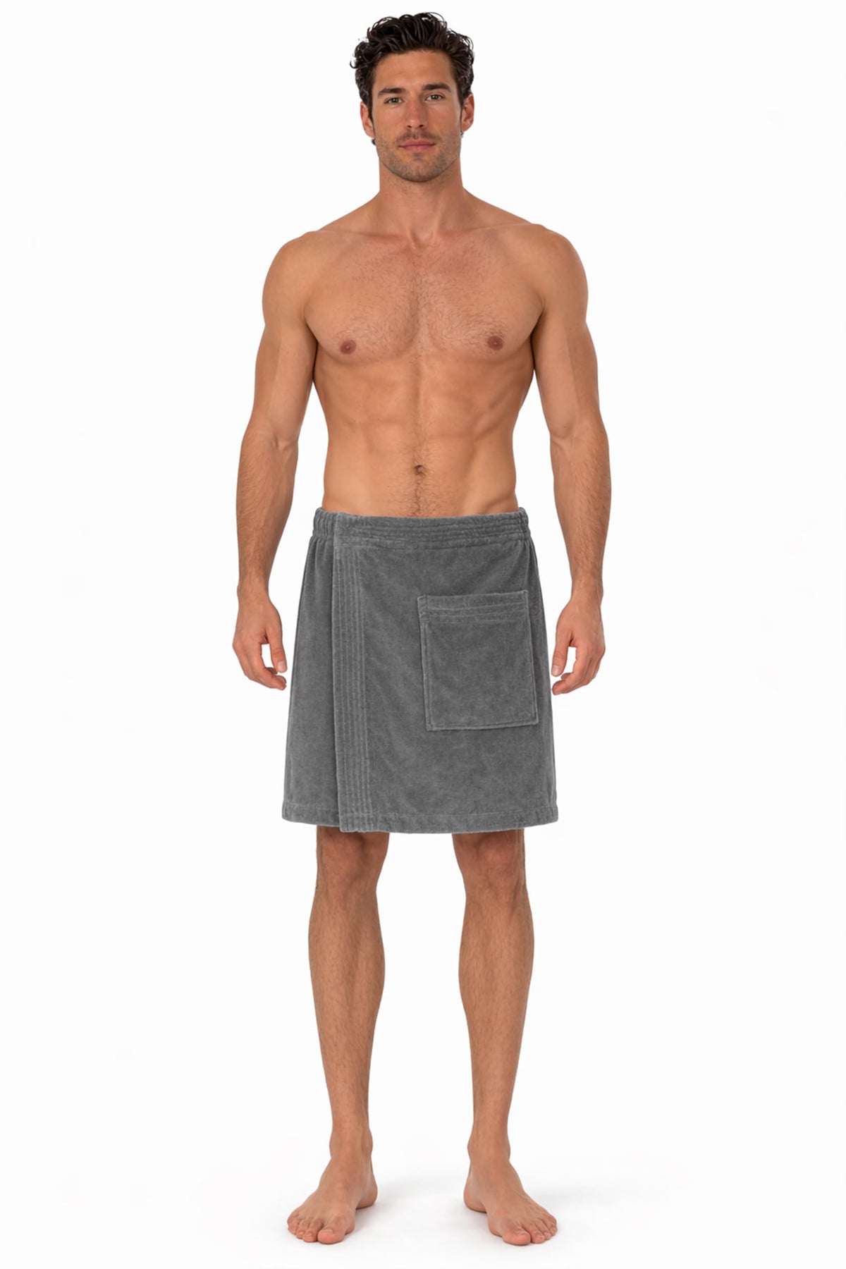 Turkish Linen gray body wrap front view showing plush terry velour and fit