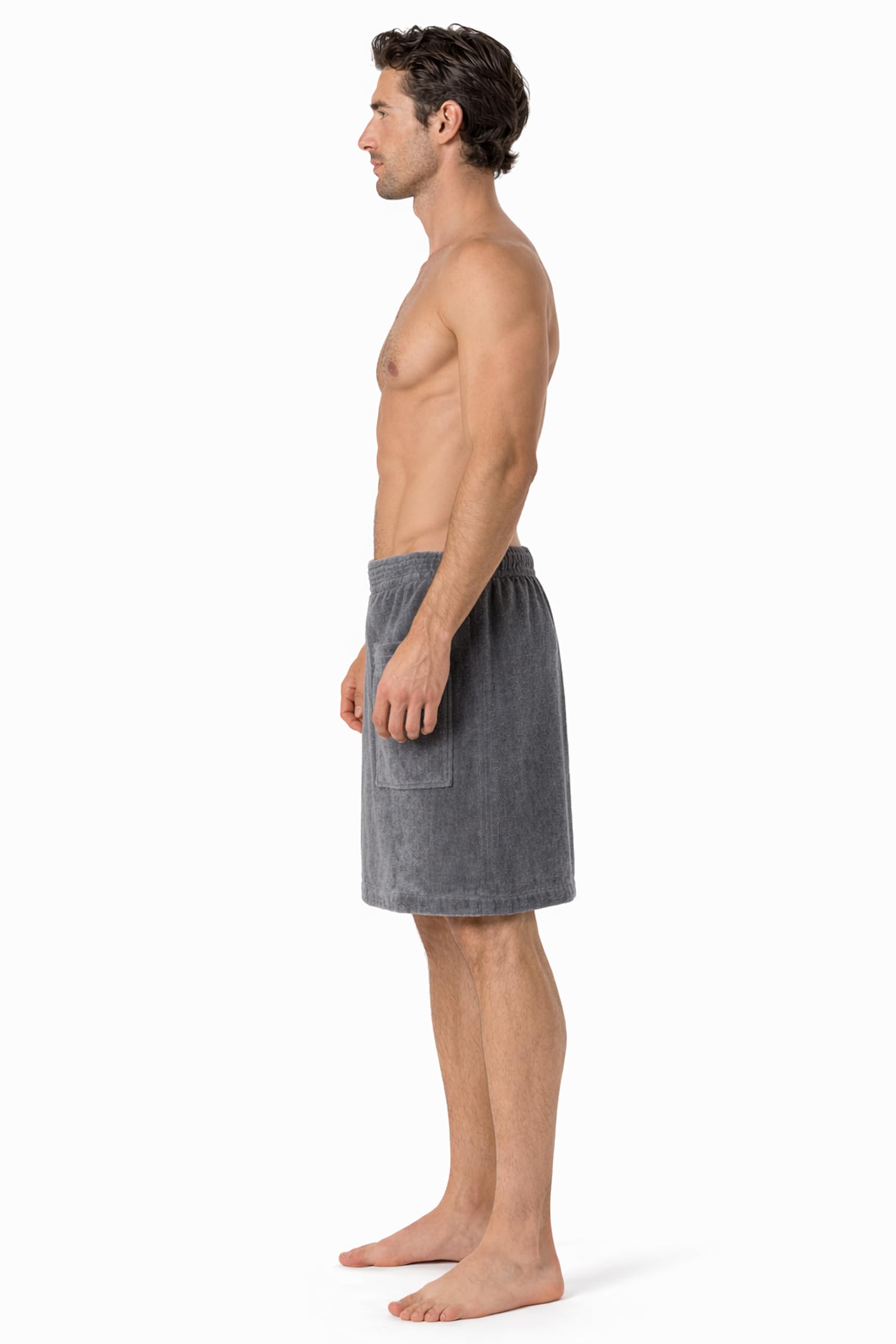Turkish Linen gray body wrap worn for post-shower use