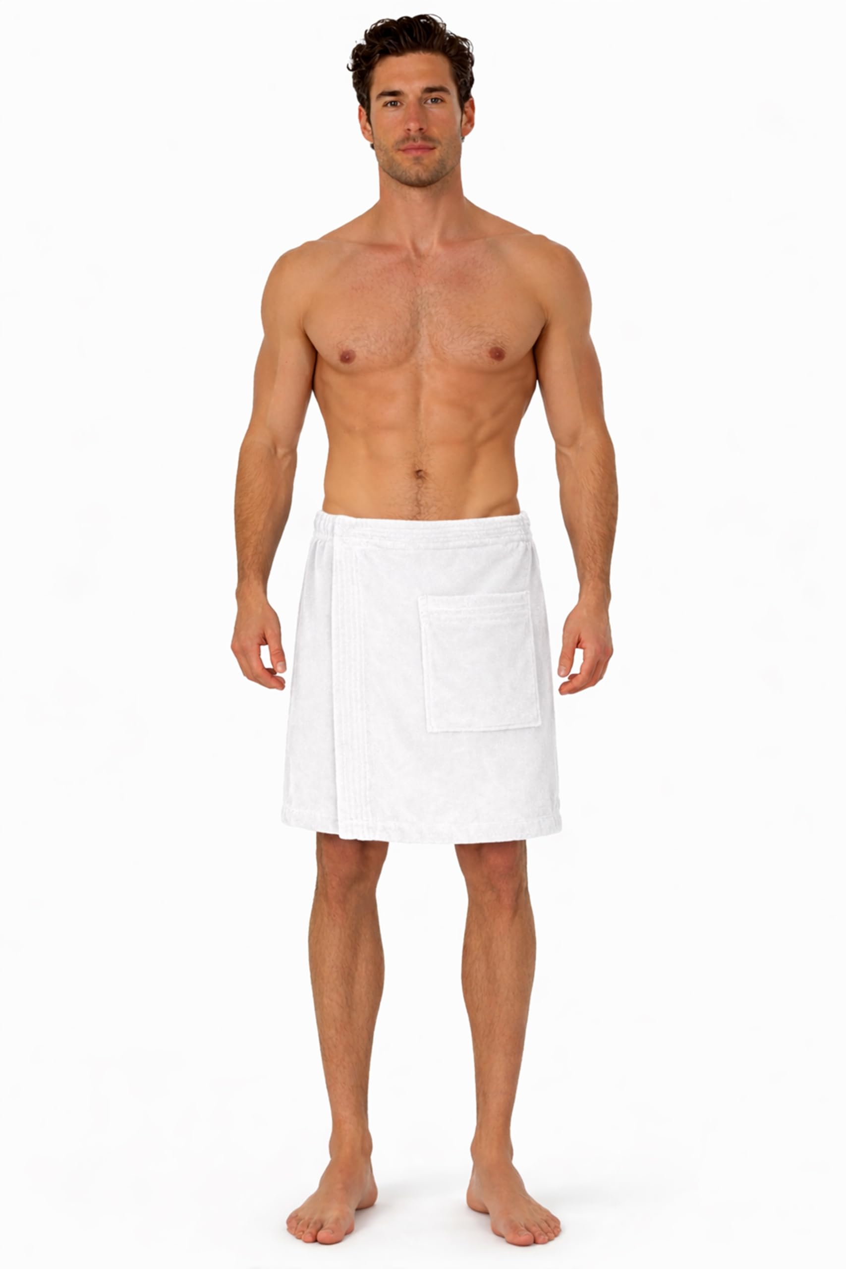 Turkish Linen body wrap front view highlights adjustable fit and plush terry velour comfort
