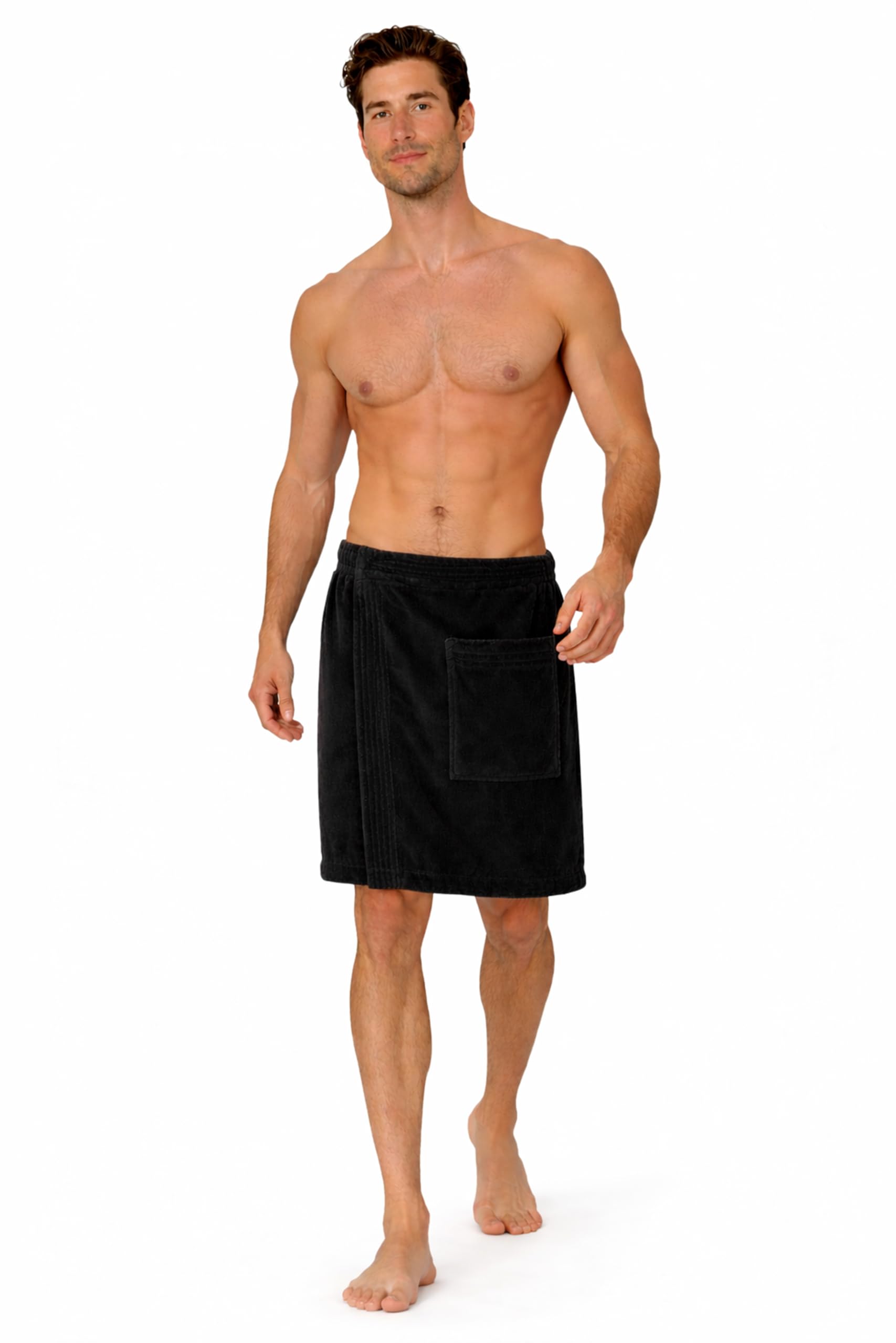 Turkish Linen velour body wrap in black — front view with secure closure.