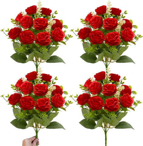 TURNMEON 40-heads red fake roses bouquet for weddings and decor.