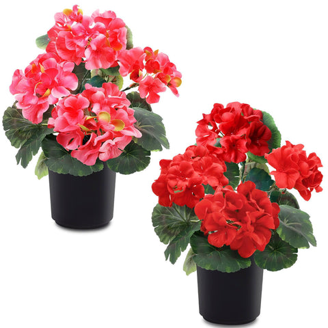 TURNMEON artificial geraniums red blooms outdoors in a pot for patio decor.