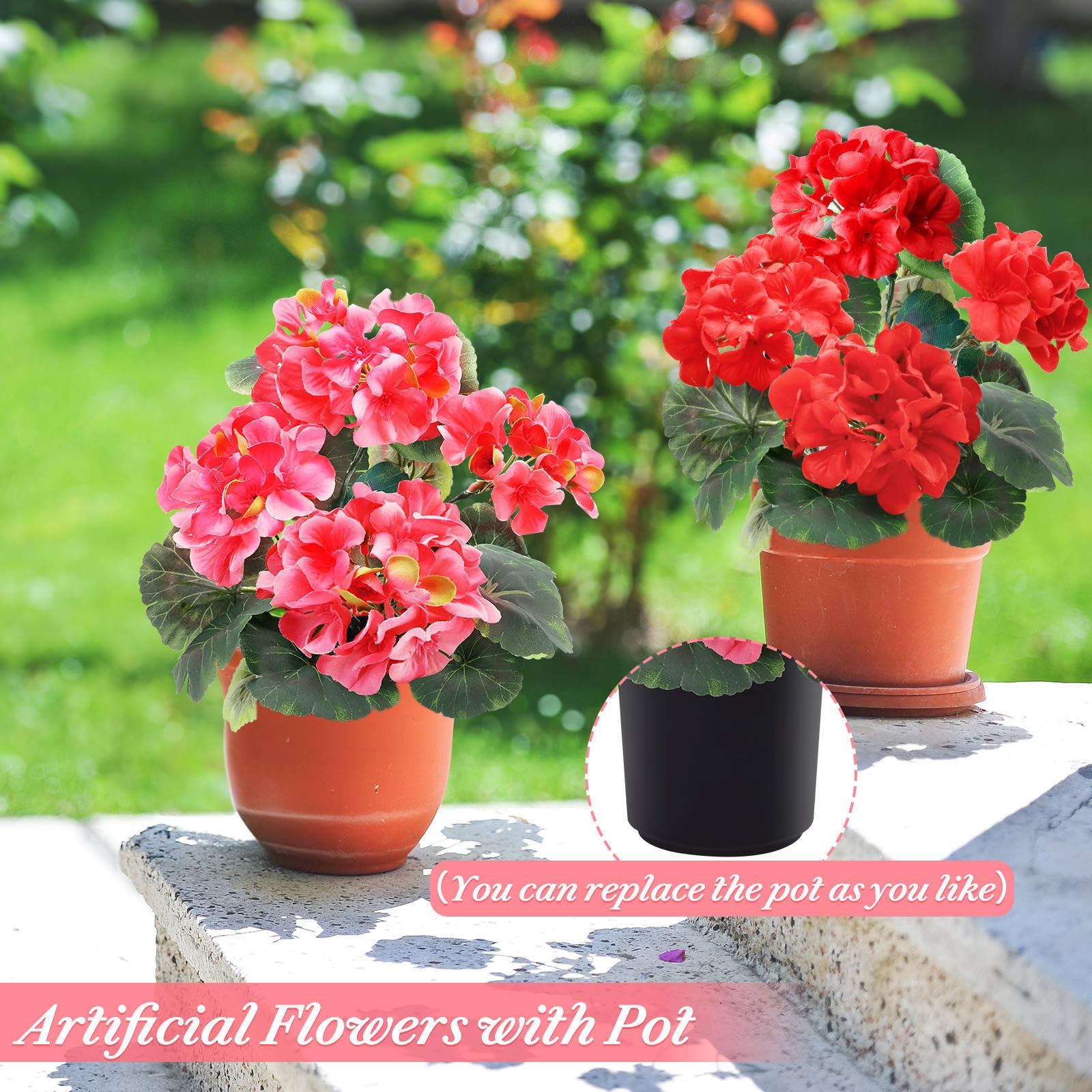 TURNMEON two-pack geraniums for quick, impactful outdoor decorating.