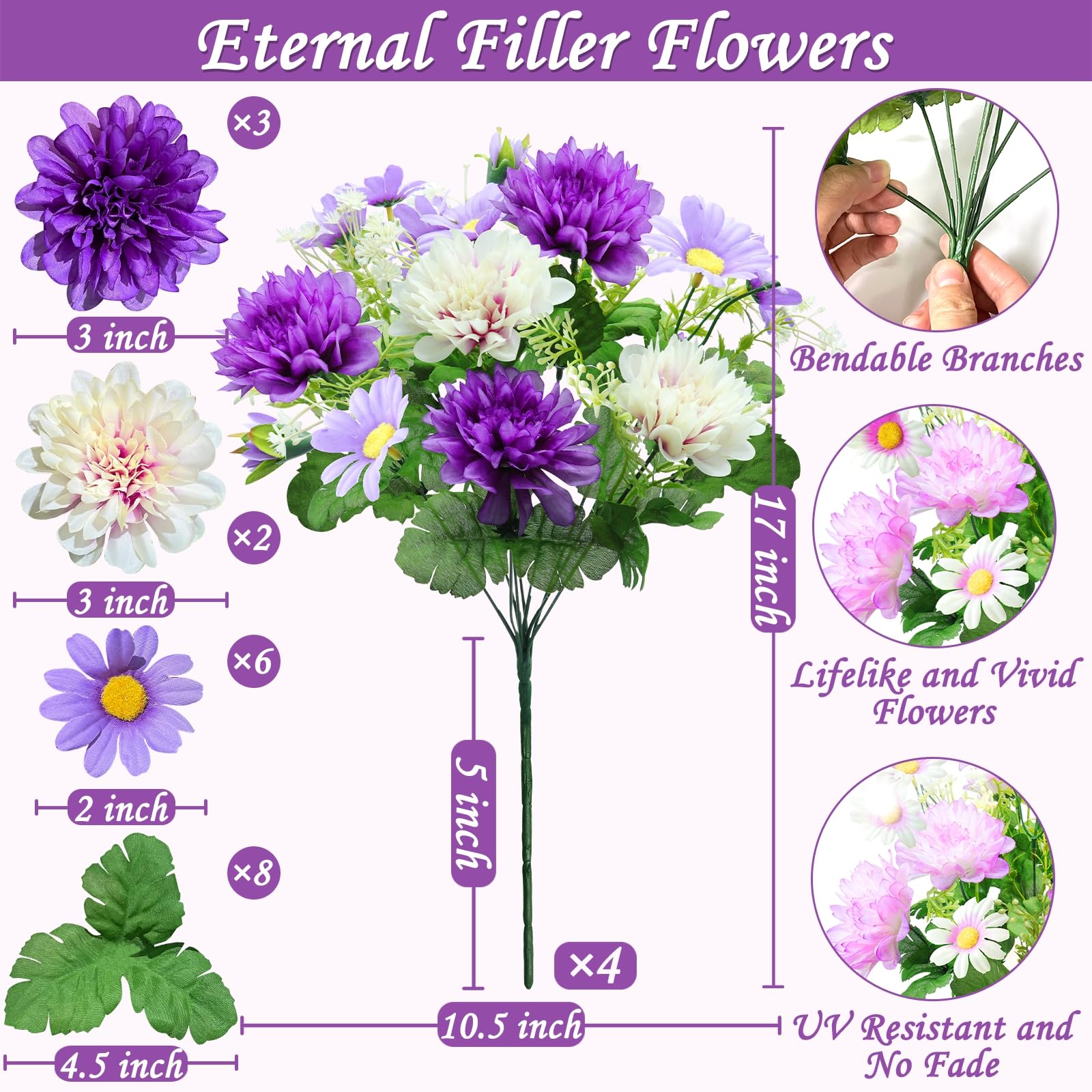 TURNMEON purple-dahlia-daisies outdoor artificial flowers in four-bunch bouquet