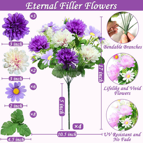 TURNMEON purple-dahlia-daisies outdoor artificial flowers in four-bunch bouquet