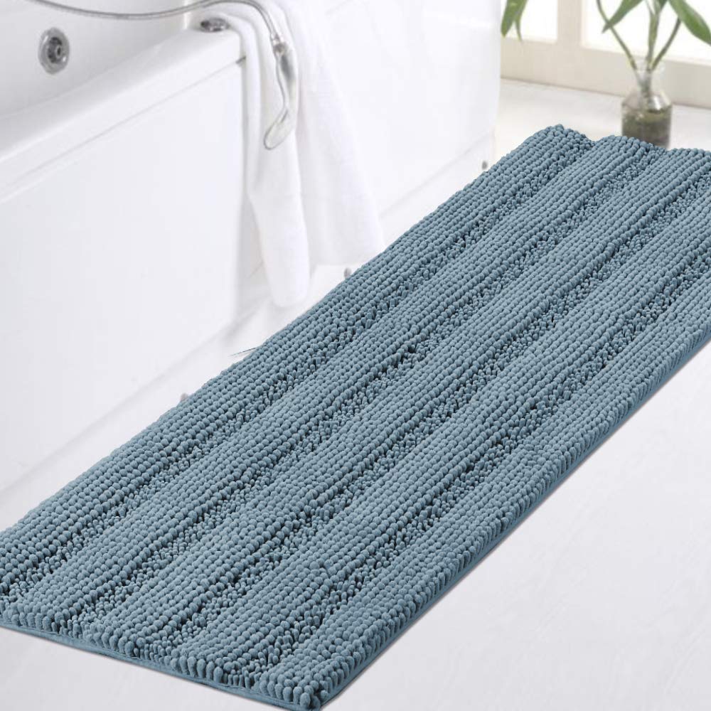 Turquoize bathroom runner in blue chenille with plush texture and a long 47 x 17 inch size.