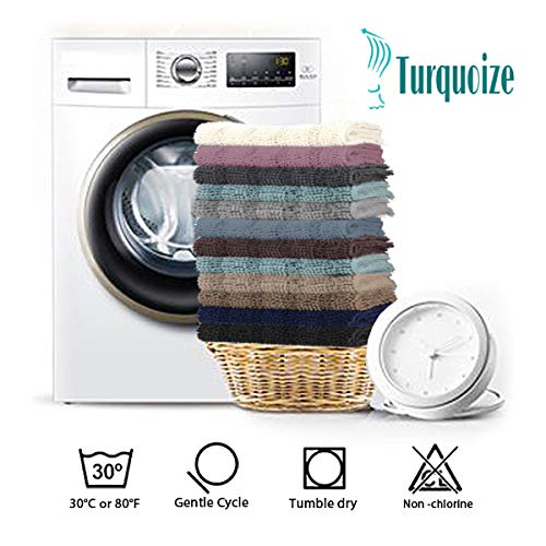 Turquoize blue bathroom rug that helps trap moisture and keep the area tidy.