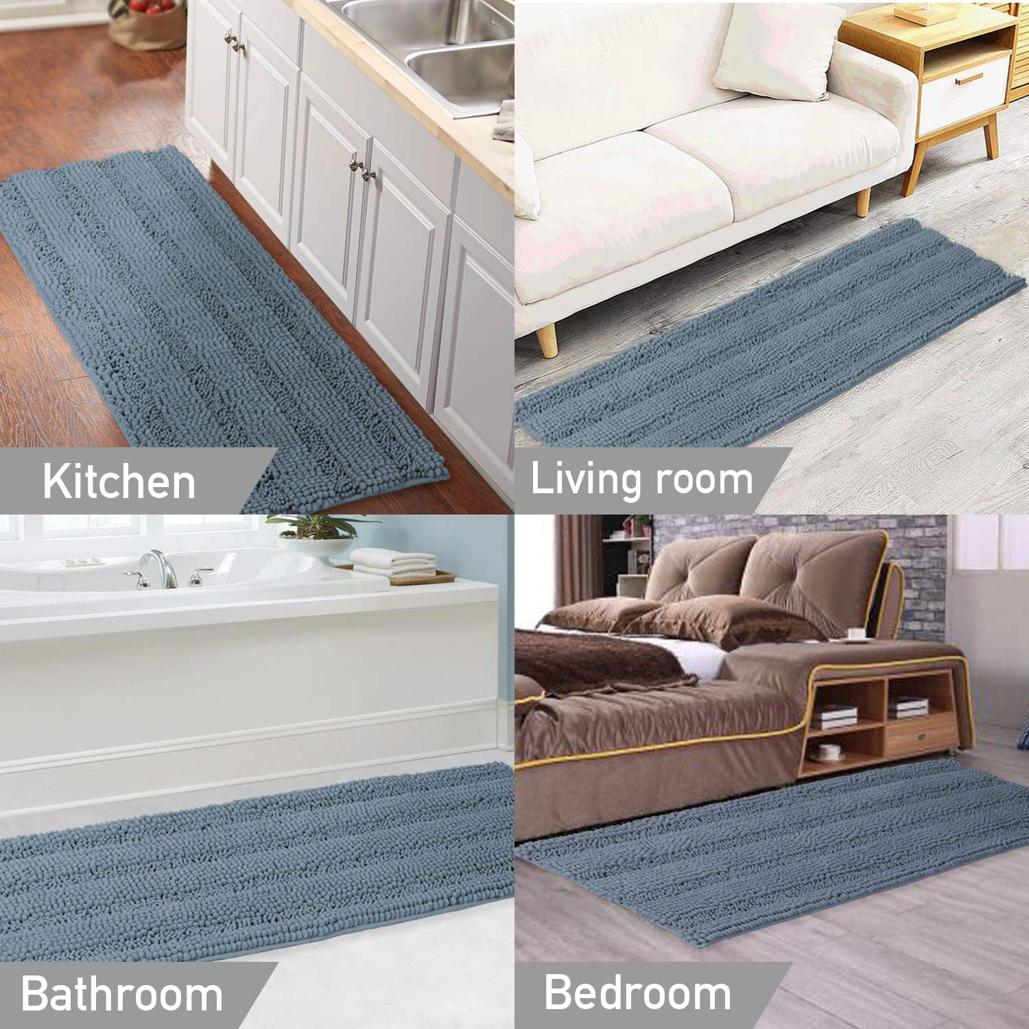 Turquoize chenille bath rug designed for easy care and machine washing.