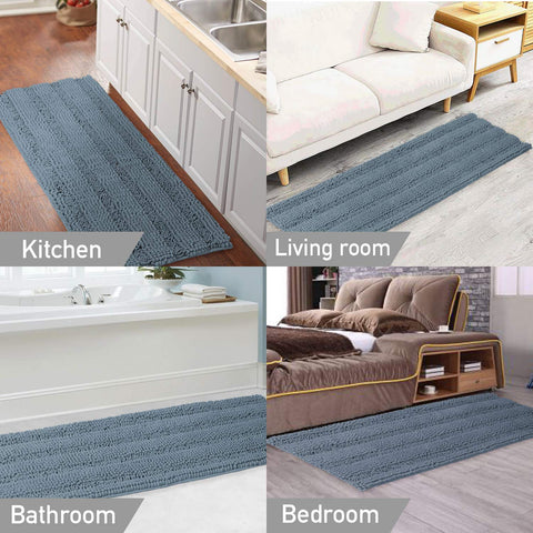 Turquoize chenille bath rug designed for easy care and machine washing.