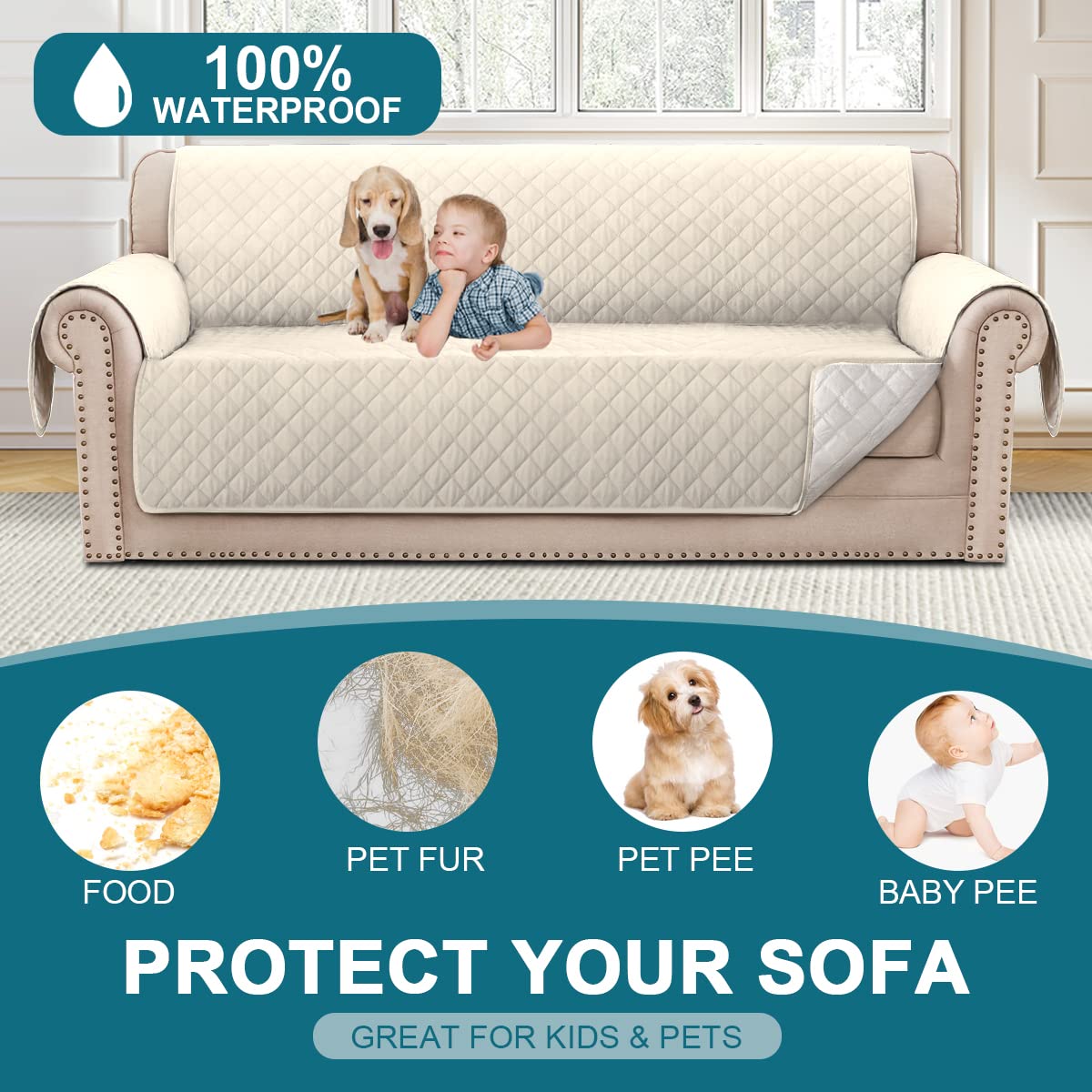 Turquoize dog-friendly sofa cover with triple non-slip backing stays in place