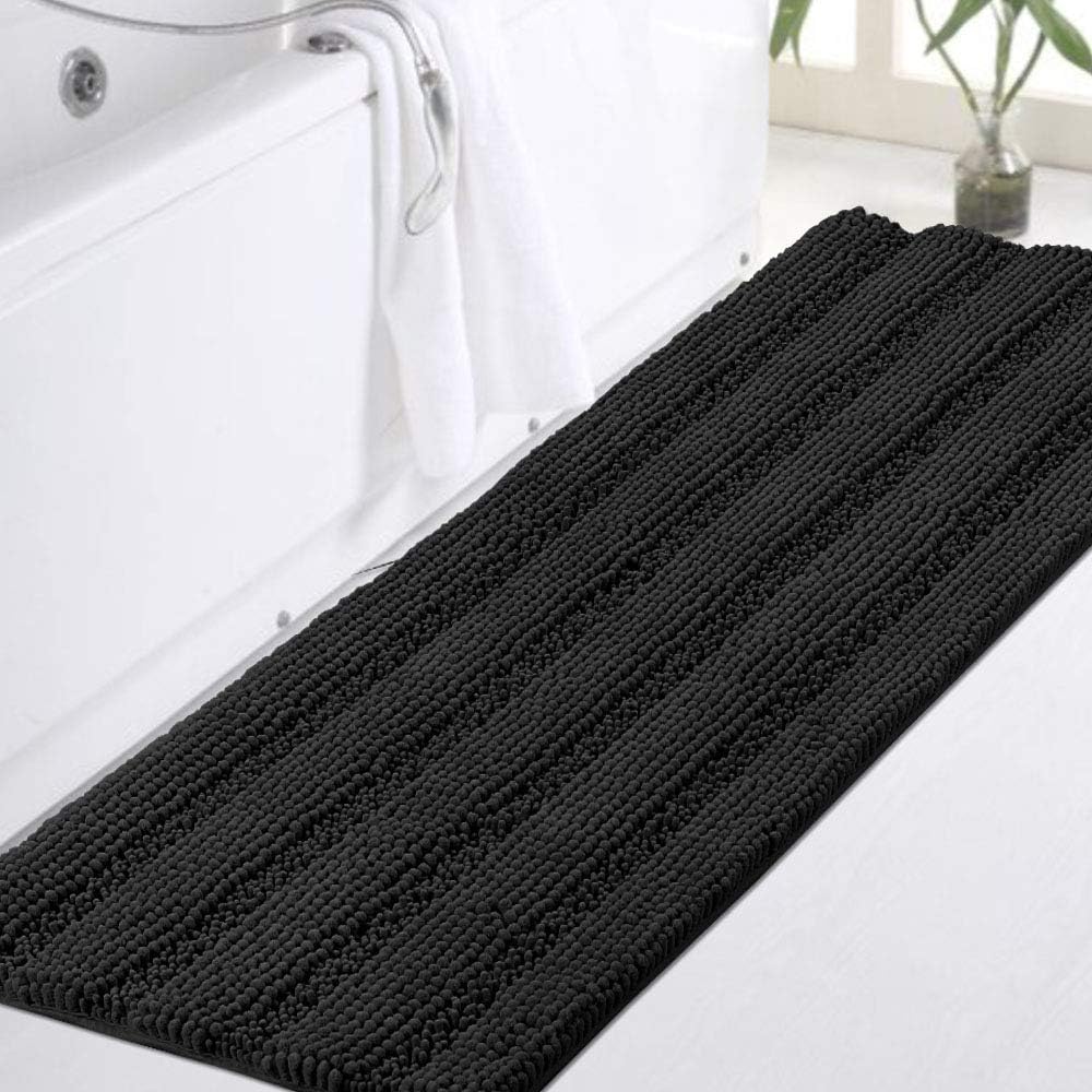 Turquoize non-slip black bathroom rug with chenille 47x17 absorbs moisture.