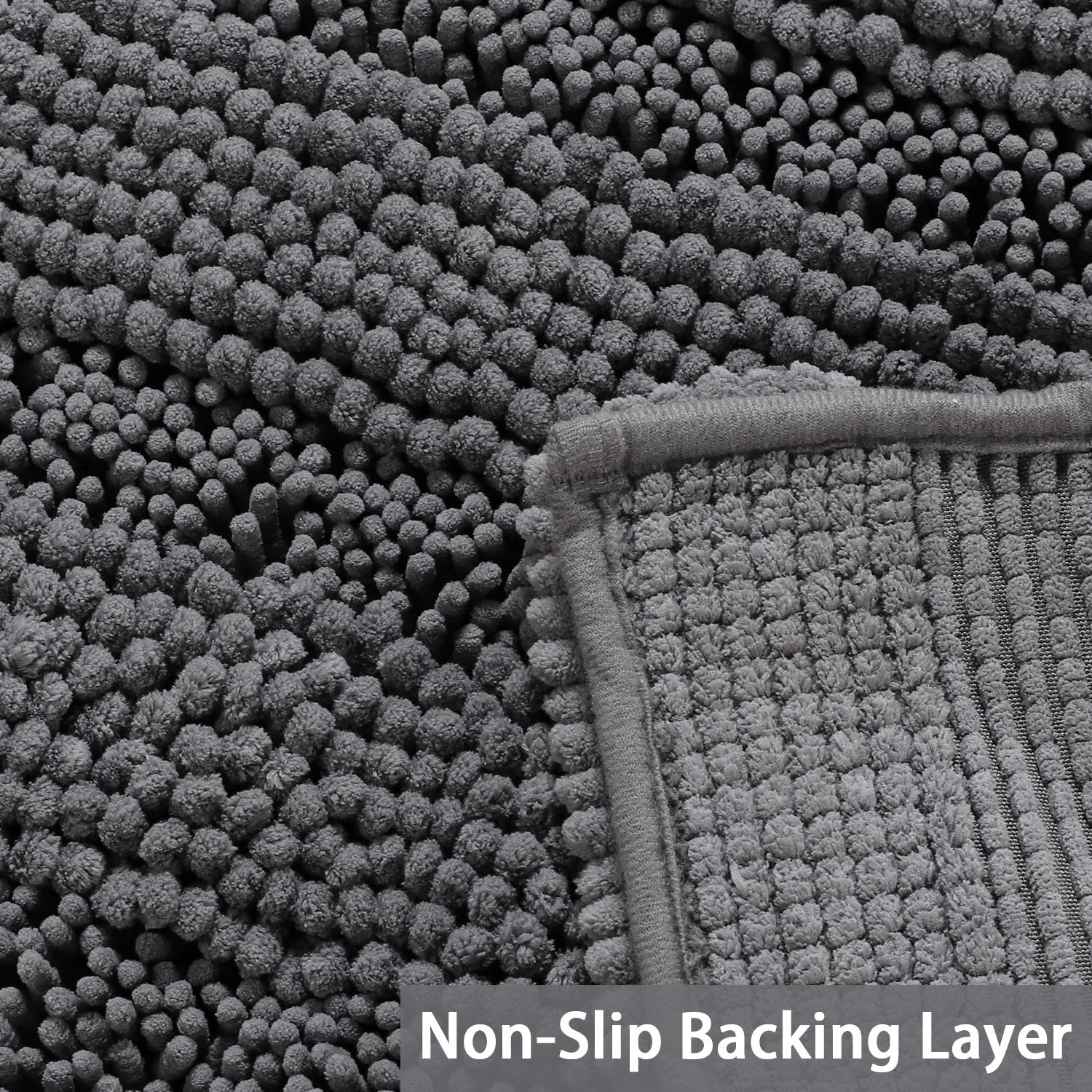 Turquoize plush chenille rug showing absorbent microfiber pile for quick drying.