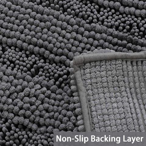 Turquoize plush chenille rug showing absorbent microfiber pile for quick drying.