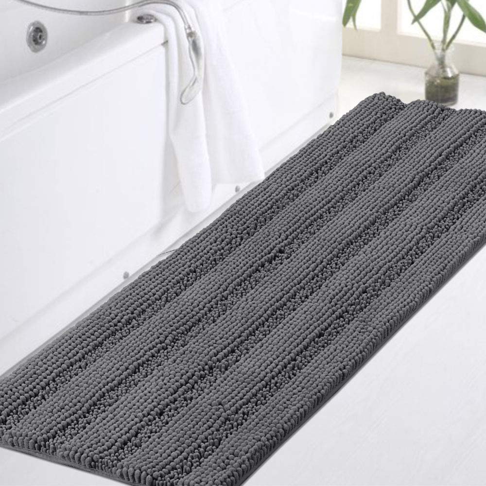 Turquoize Plush Chenille Bath Rug in gray, large 47x17, soft and absorbent for bathroom floors.