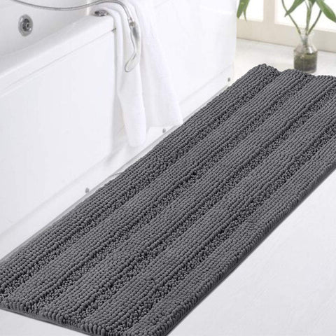 Turquoize Plush Chenille Bath Rug in gray, large 47x17, soft and absorbent for bathroom floors.