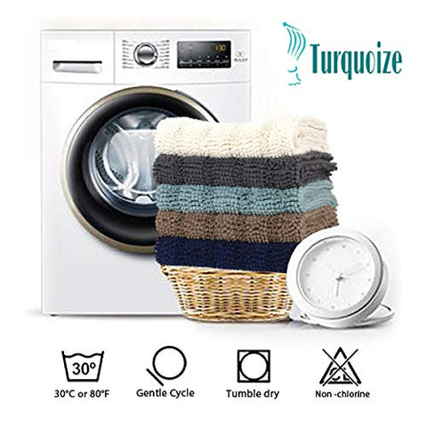 Turquoize gray plush rug dries quickly and helps keep floors clean.