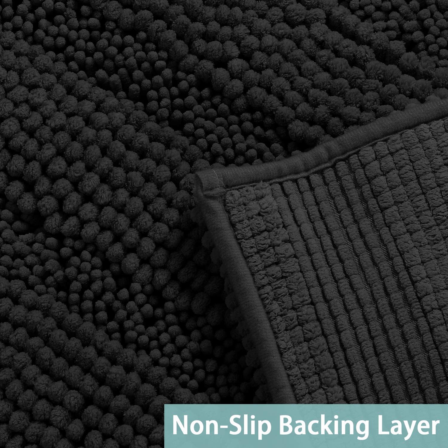 Turquoize soft chenille bath rug offers cozy footing after showers.
