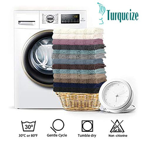 Turquoize sage chenille mat dries fast and dries flat for easy care.