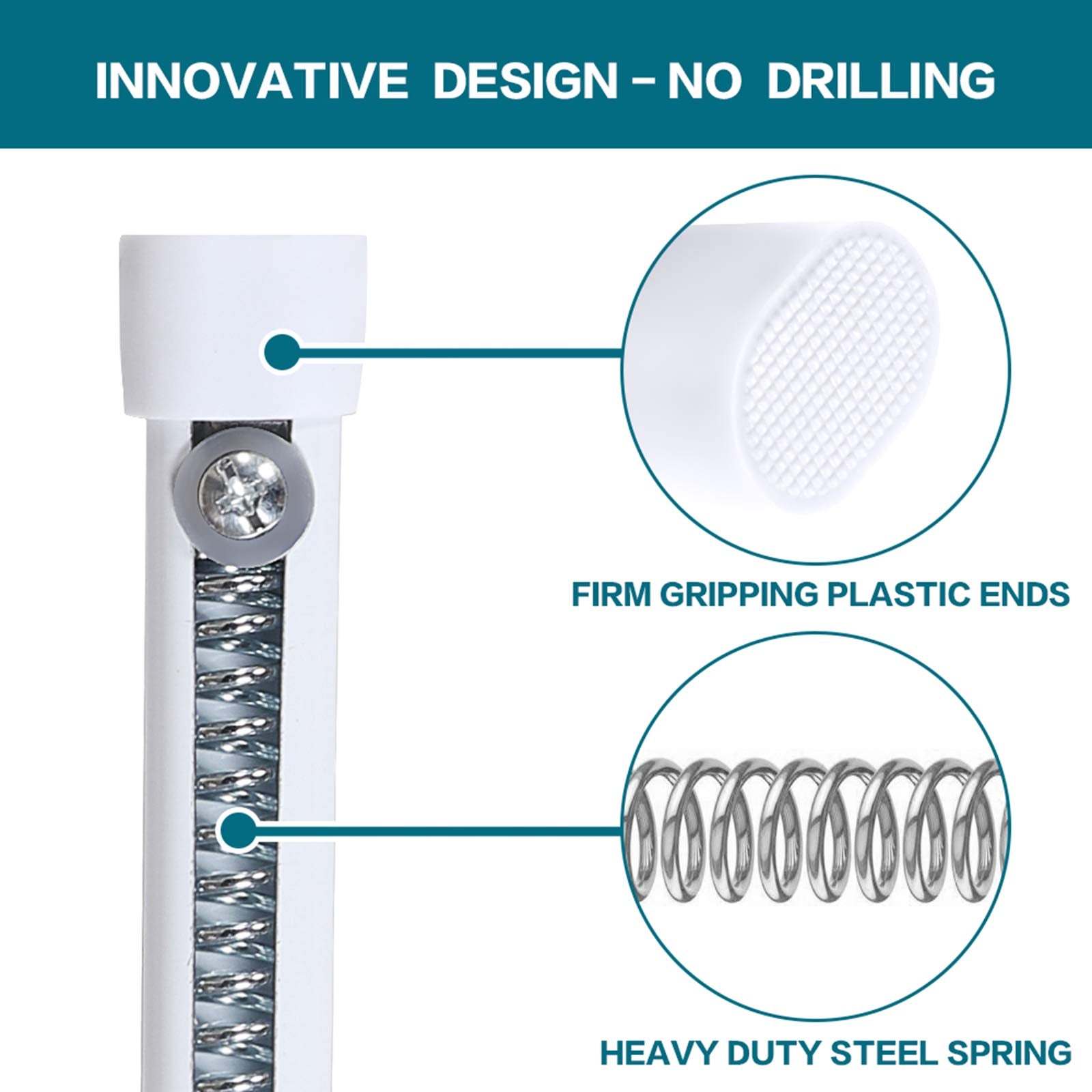 Turquoize tension rod white finish complements decor while supporting lightweight curtains
