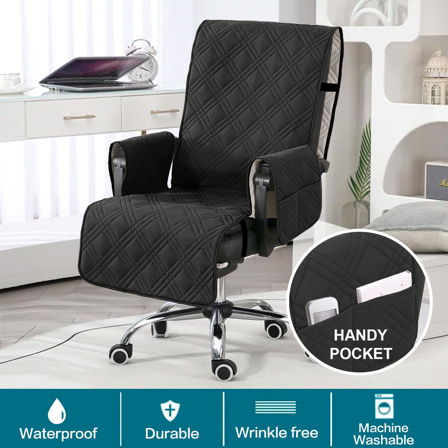 Turquoize waterproof chair cover seat view highlighting spill protection.