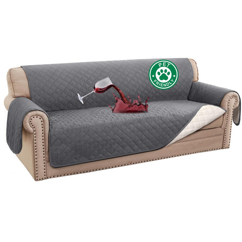 Turquoize waterproof sofa cover on a 70-inch gray sofa showing spill protection