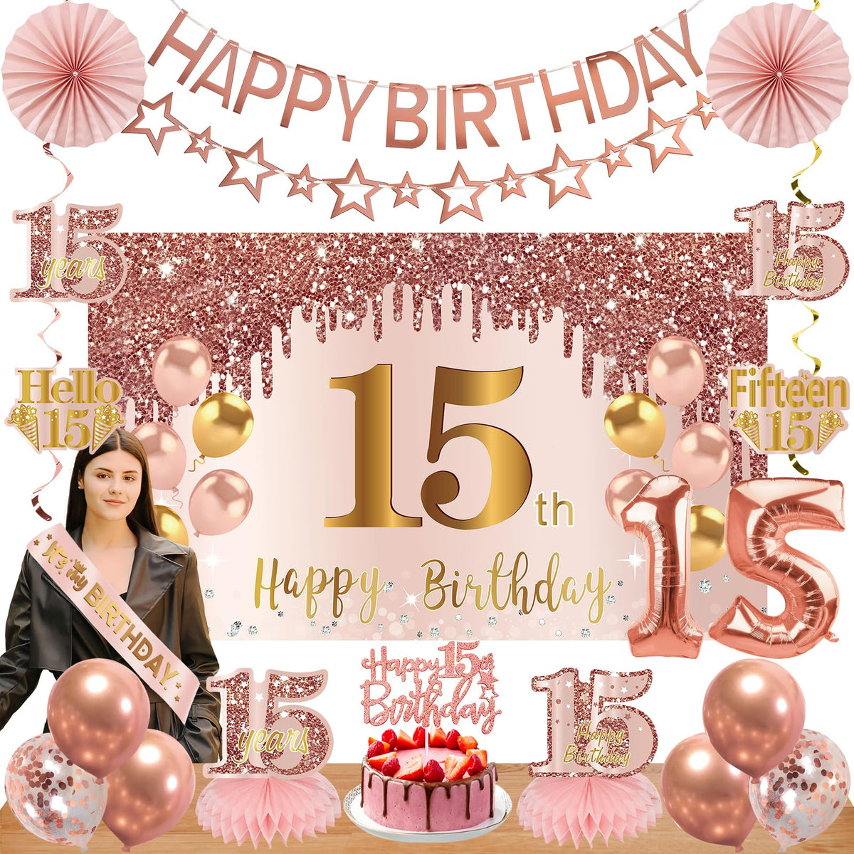 Turypaty 15th birthday backdrop in pink rose gold for photo-worthy moments.