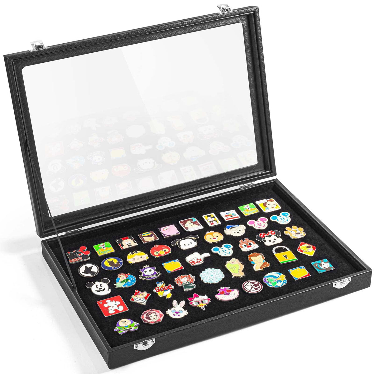 Tutata enamel pin display case front view with clear glass top for easy viewing