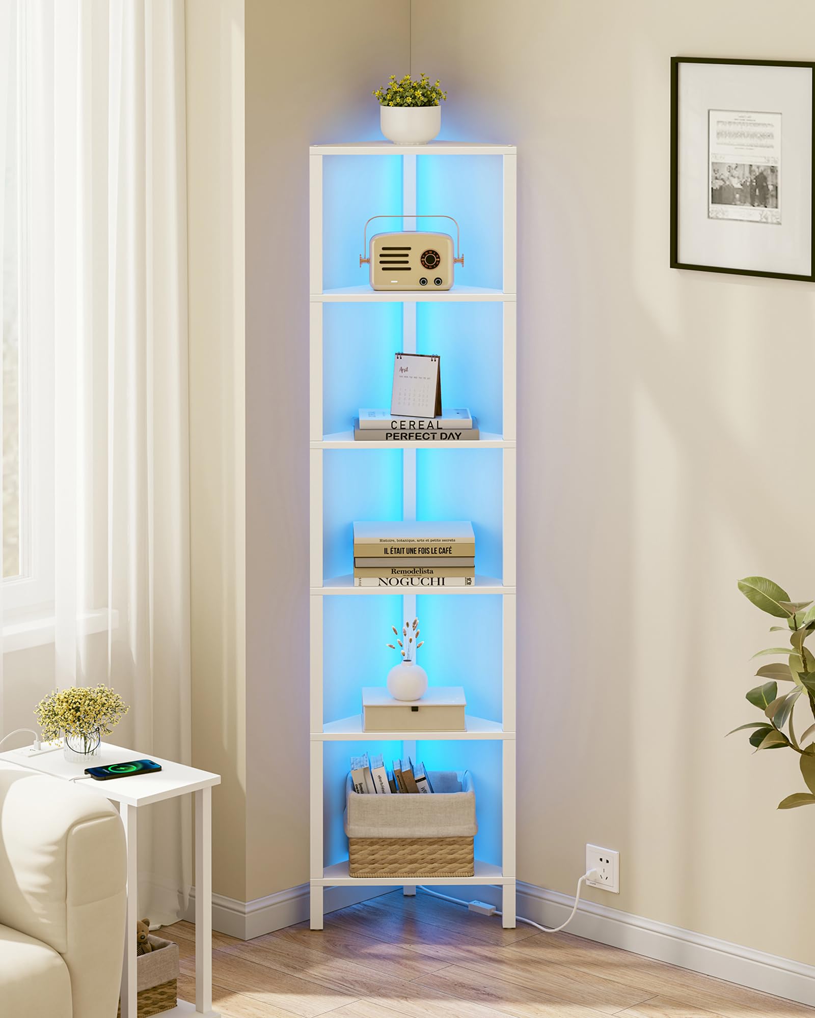 TUTOTAK 6-tier corner shelf with LED light, ideal for space-saving display.