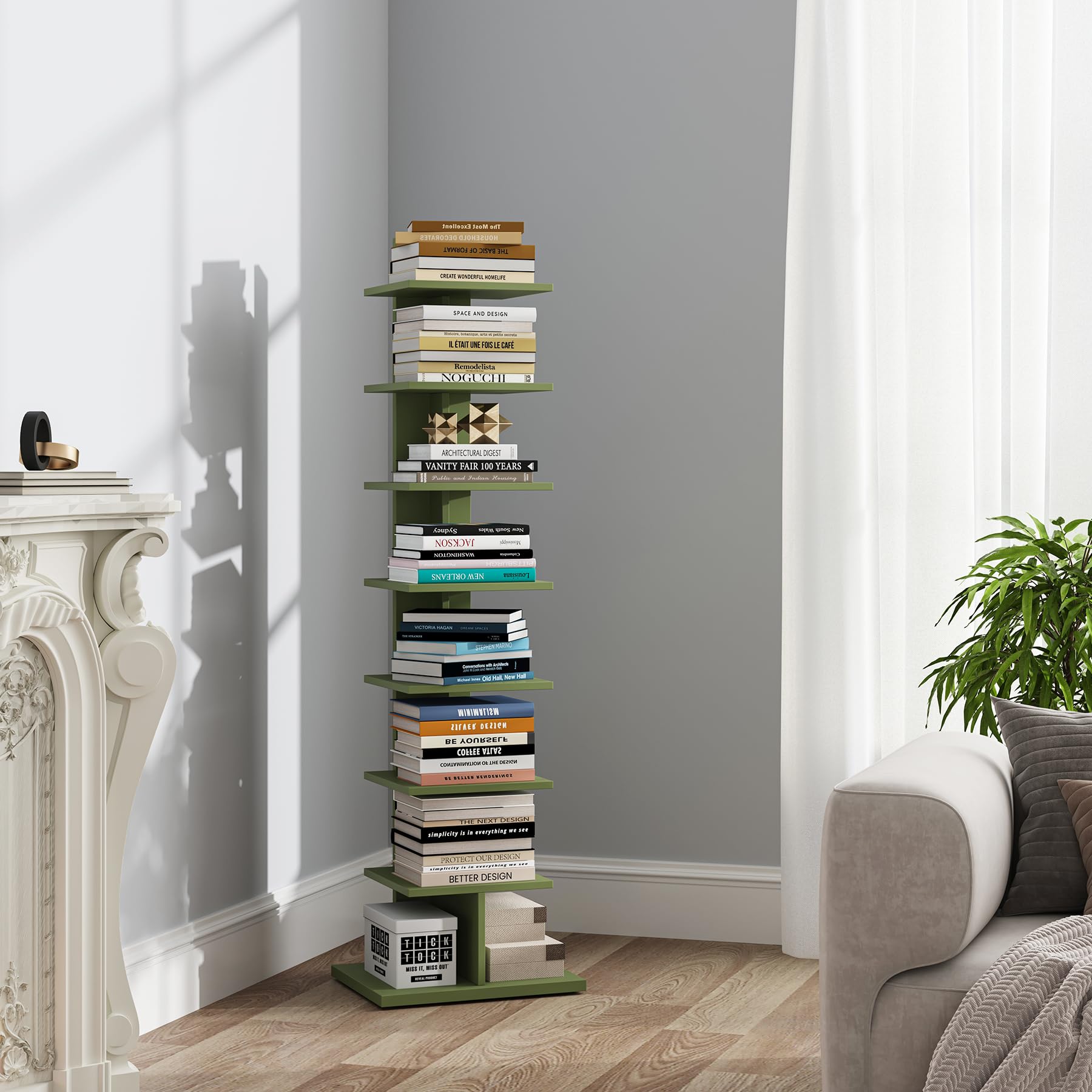 TUTOTAK 8-tier bookcase in olive green for space-saving corner storage.