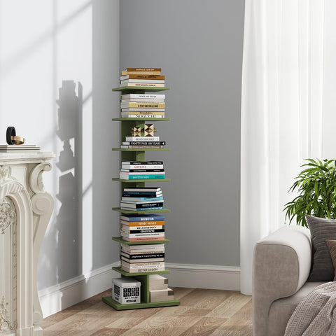 TUTOTAK 8-tier bookcase in olive green for space-saving corner storage.