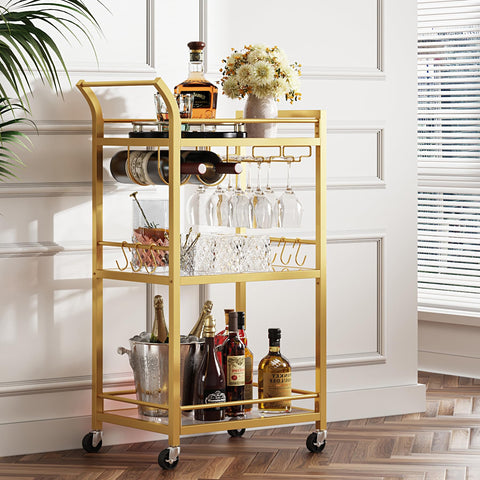 TUTOTAK bar cart with 3-tier mirrored shelves brightens entertaining spaces.