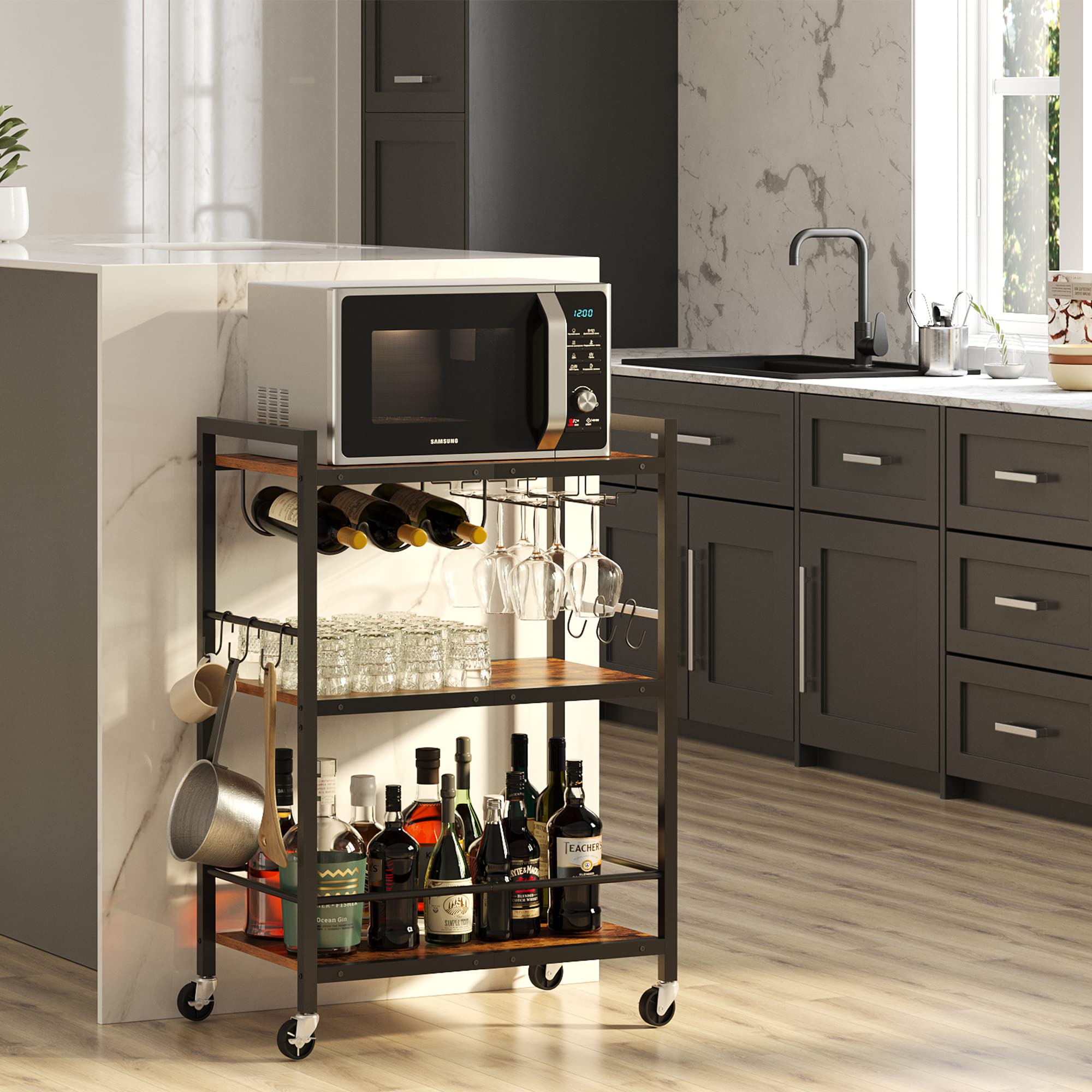 TUTOTAK Bar Cart with brakes on two casters for stability.