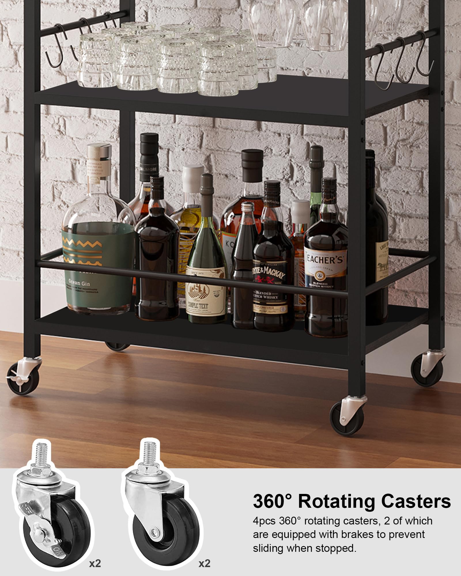 TUTOTAK Bar Cart with wine rack and three shelves fits drinks and snacks.