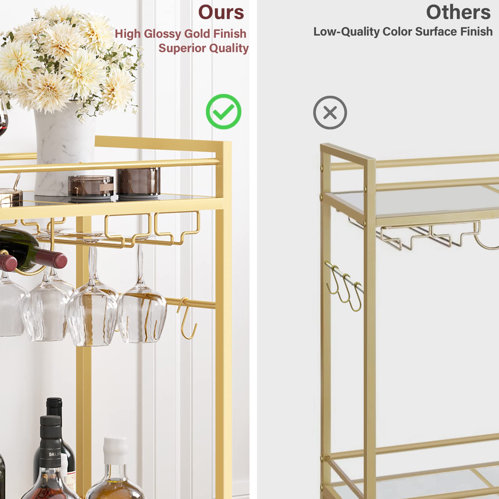 TUTOTAK bar cart first-tier wine glass storage keeps glassware secure.